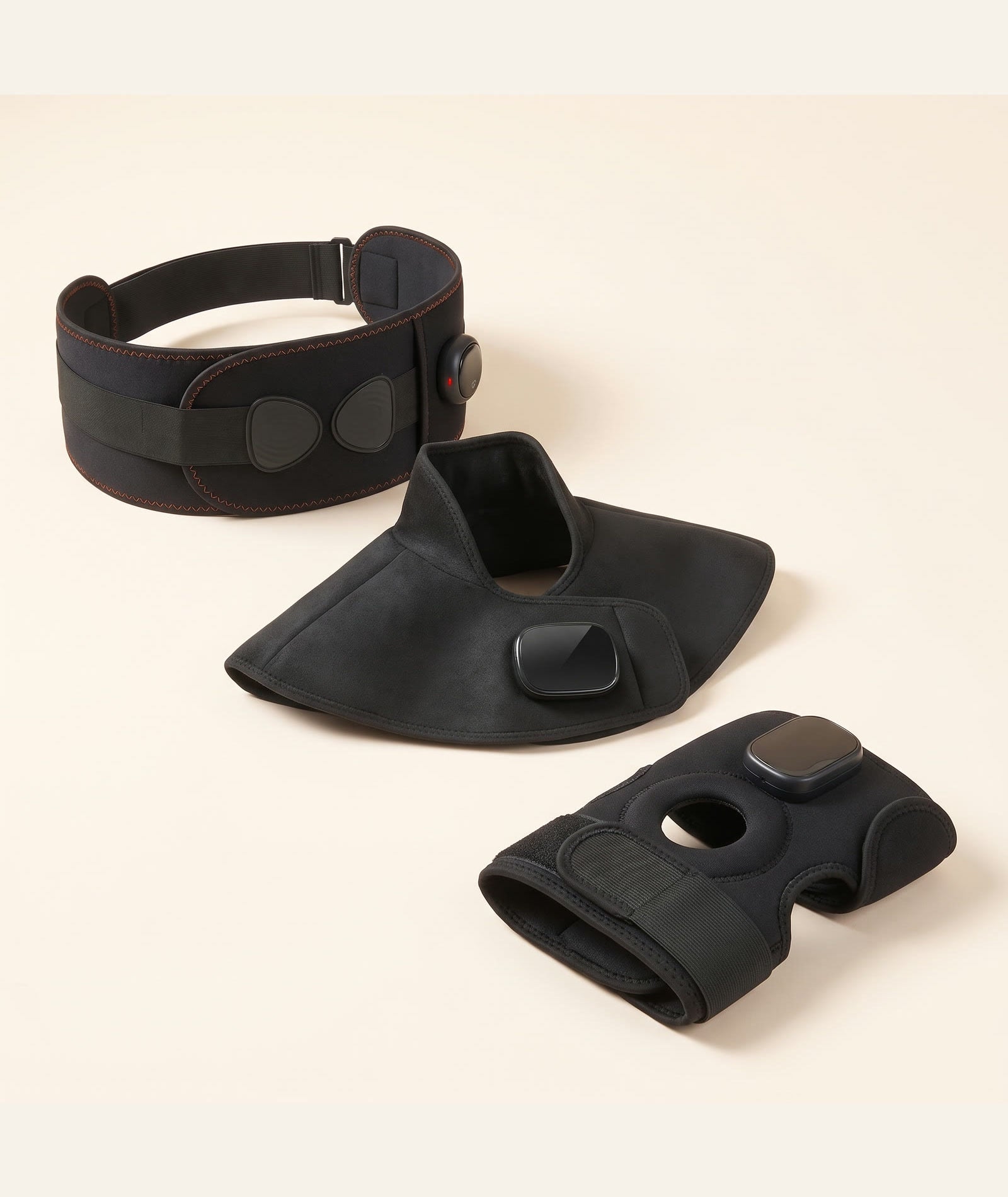 The Unknot Heat Belt, Neck & Shoulder Wrap and Knee Wrap lined up together