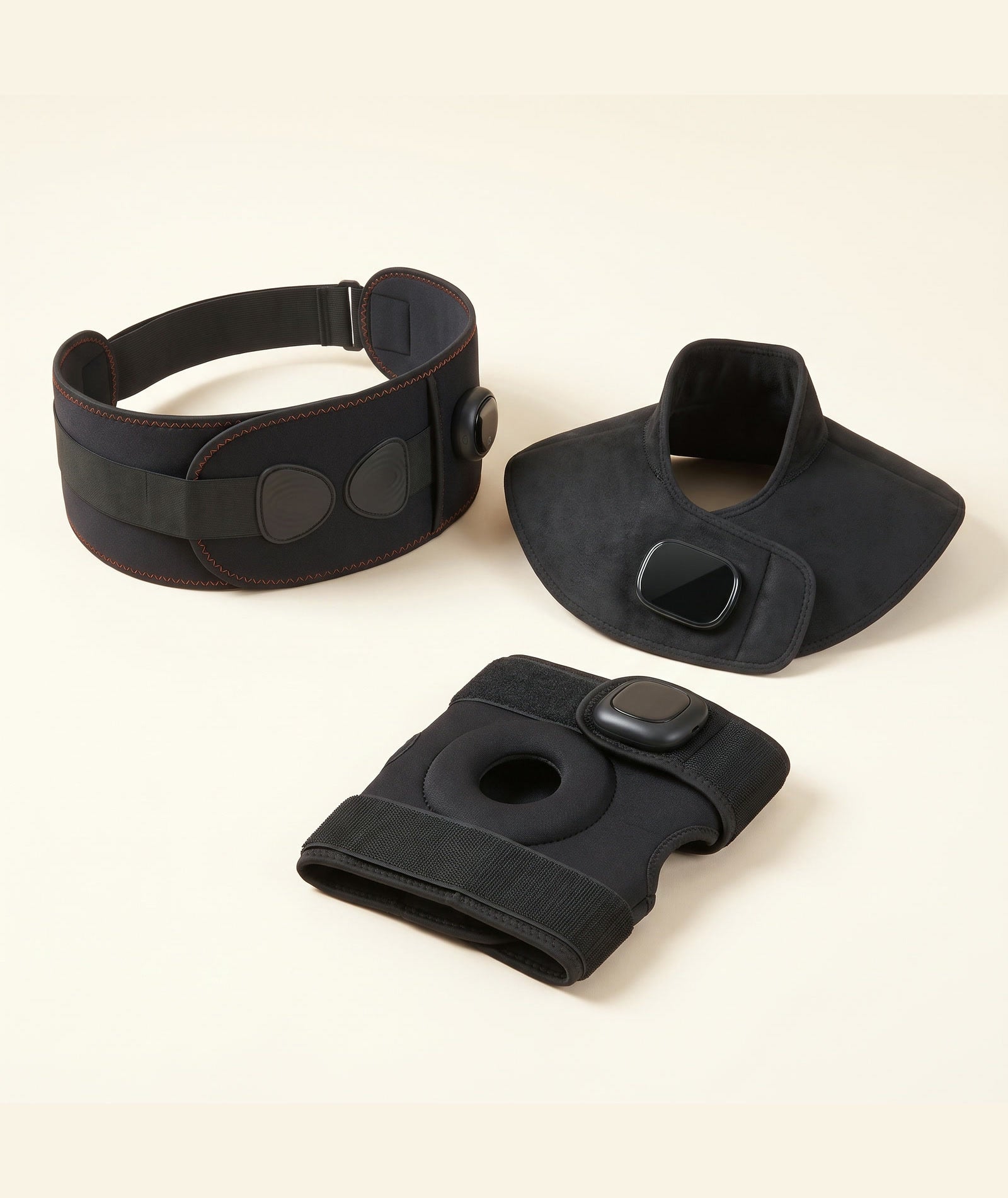 The Unknot Heat Belt, Neck & Shoulder Wrap and Knee Wrap lined up together