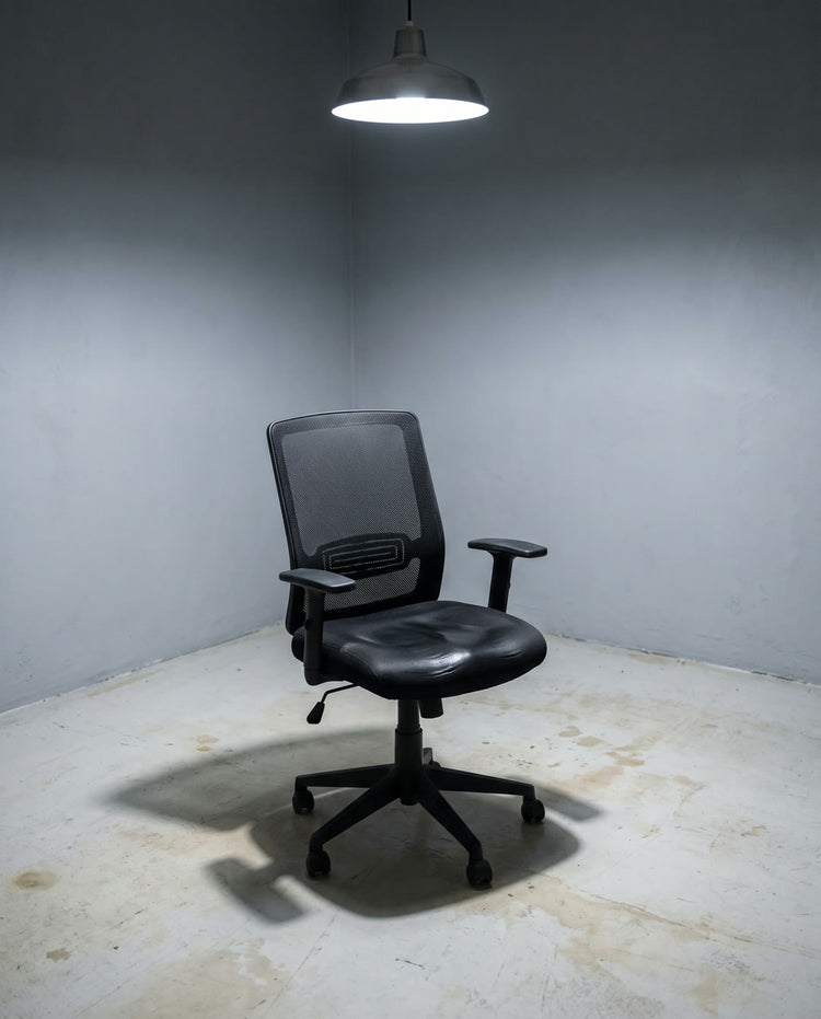 An empty office chair alone under a single lamp in a bare room