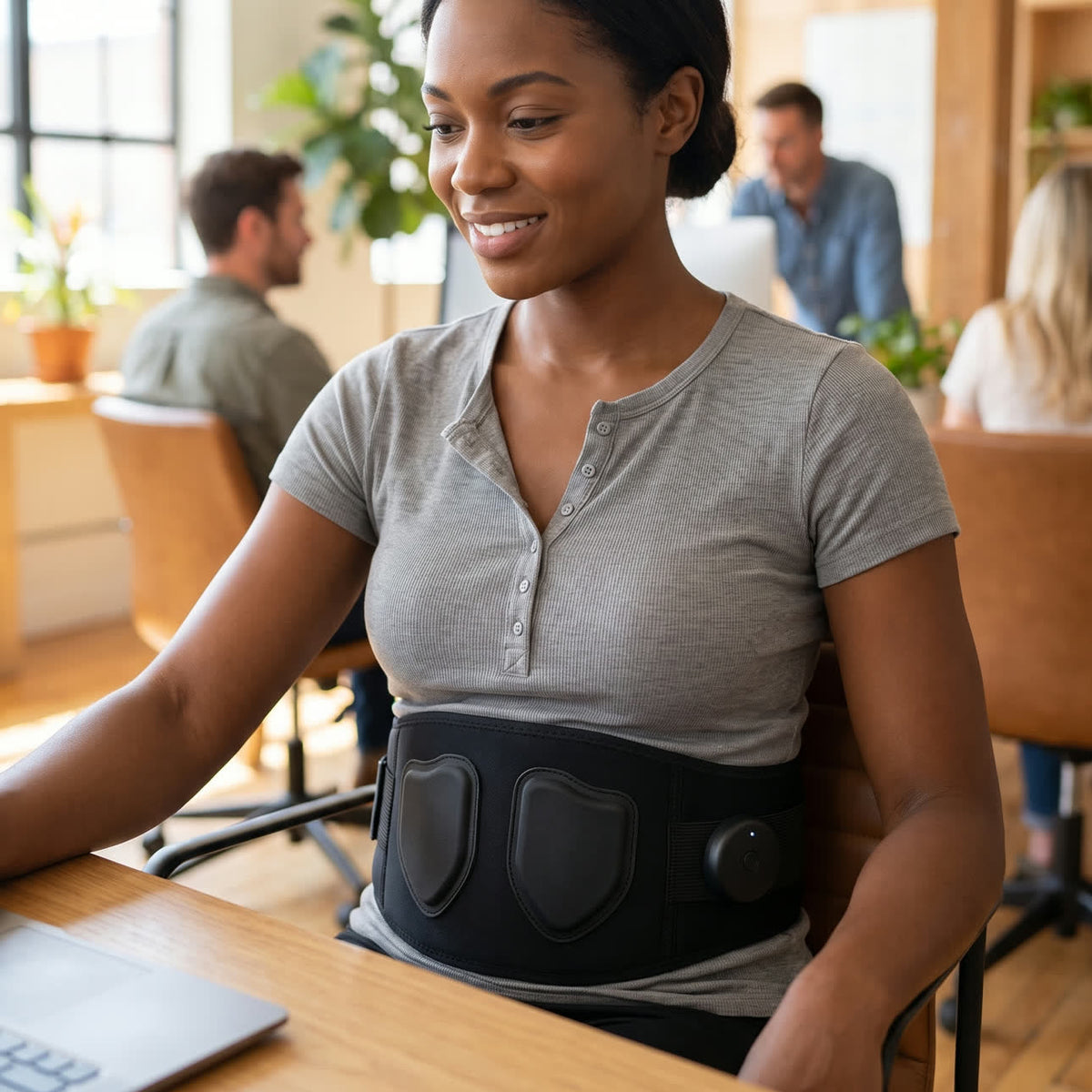 A woman at an office desk wearing the Unknot Heat Belt over her shirt