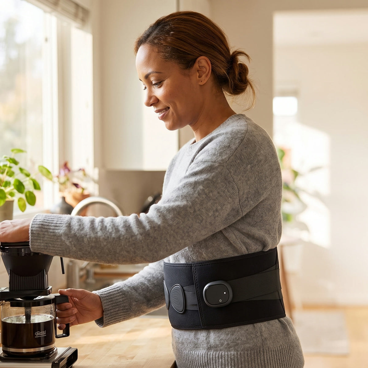 A woman making coffee in a kitchen wearing the Unknot Heat Belt