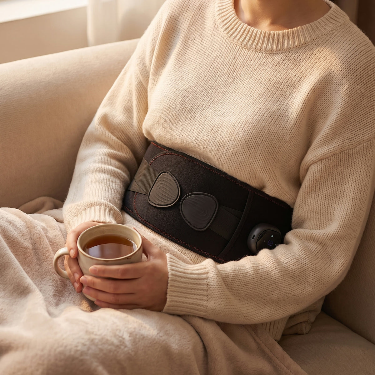 Sitting on a couch with tea, the Unknot Heat Belt worn over a sweater