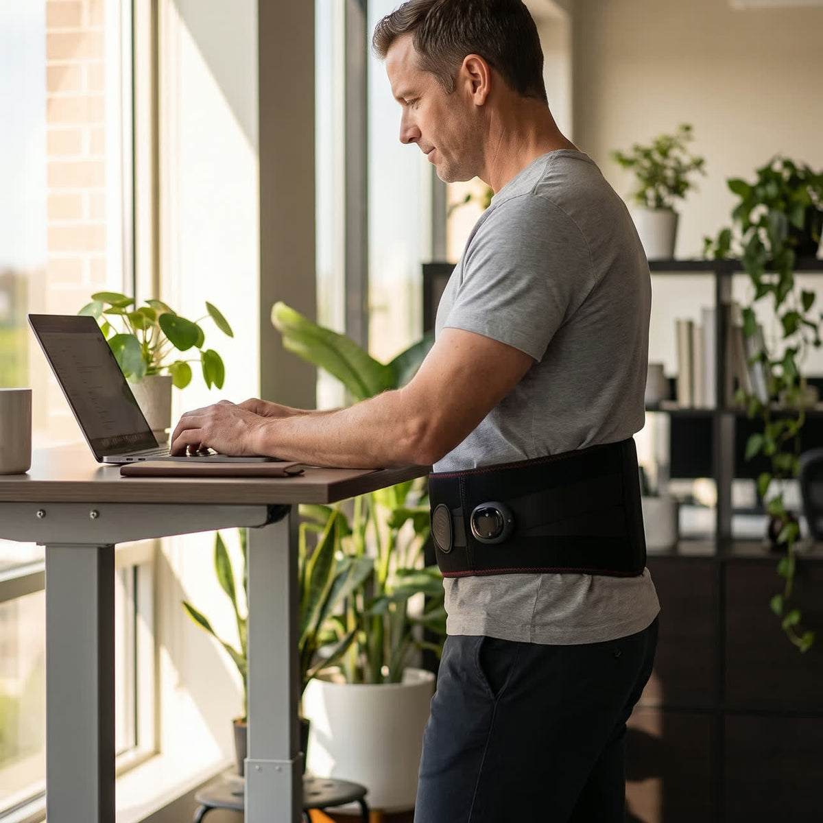 A man at a standing desk wearing the Unknot Heat Belt