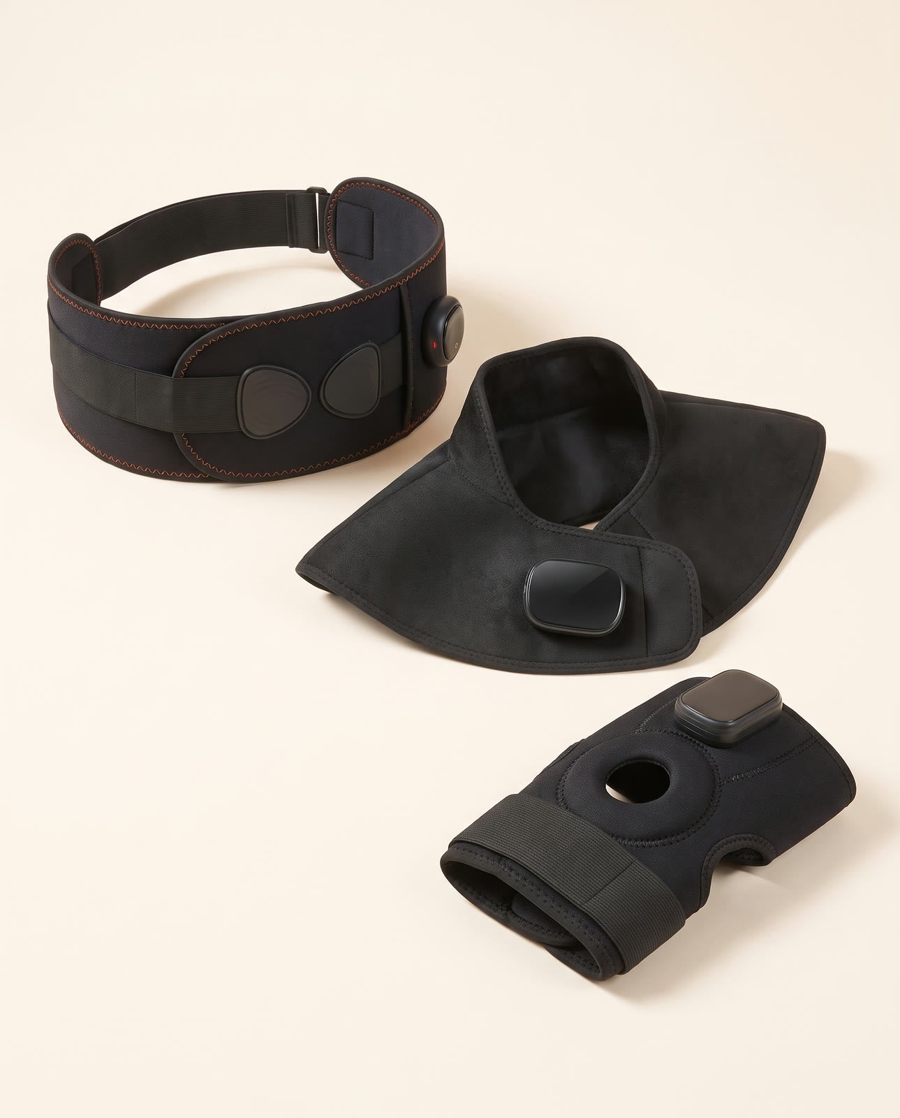 The Unknot Heat Belt, Neck & Shoulder Wrap and Knee Wrap lined up together