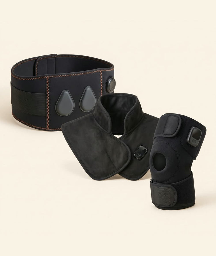 The Unknot Heat Belt, Neck and Shoulder Wrap and Knee Wrap laid out together
