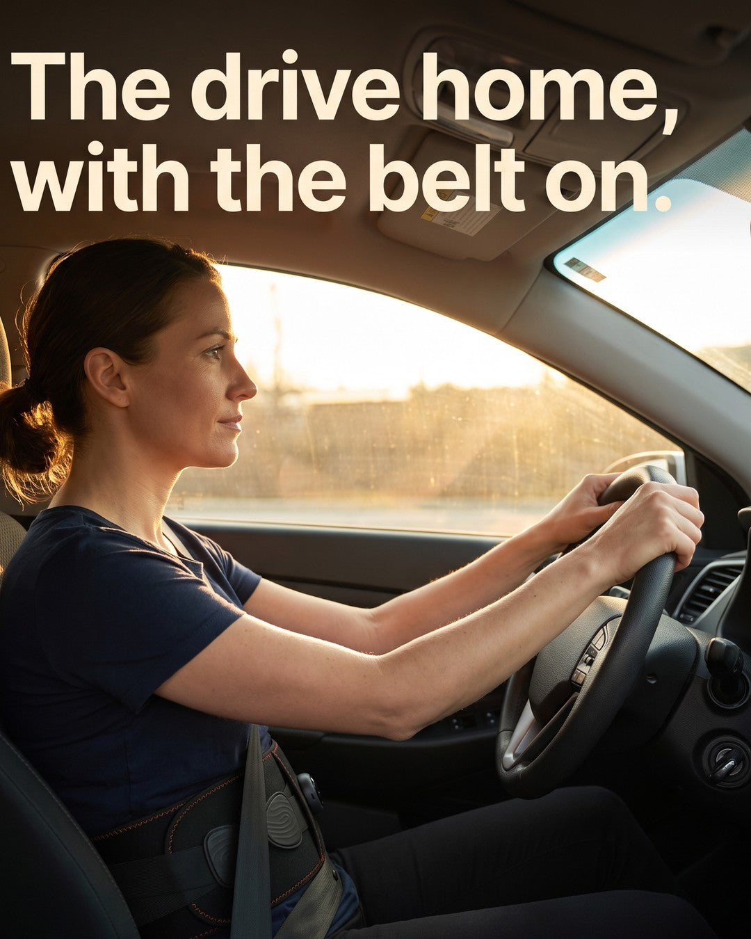 A woman driving home at sunset with the Unknot Heat Belt on under her seatbelt