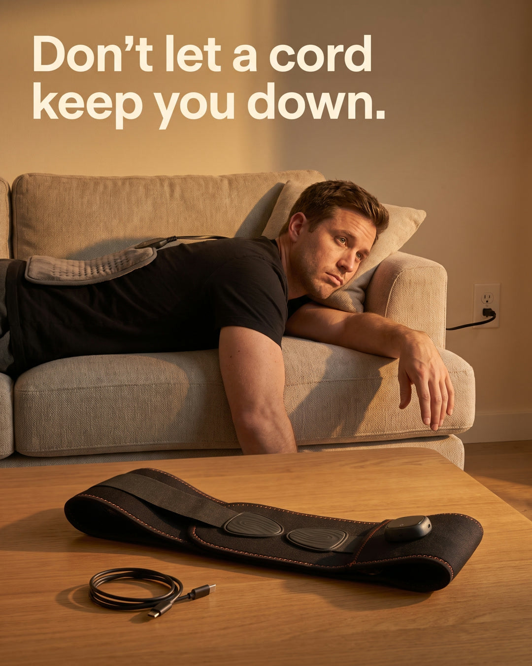 A man lying on a couch tethered to the wall outlet by a corded heating pad, with the Unknot Heat Belt lying on the coffee table