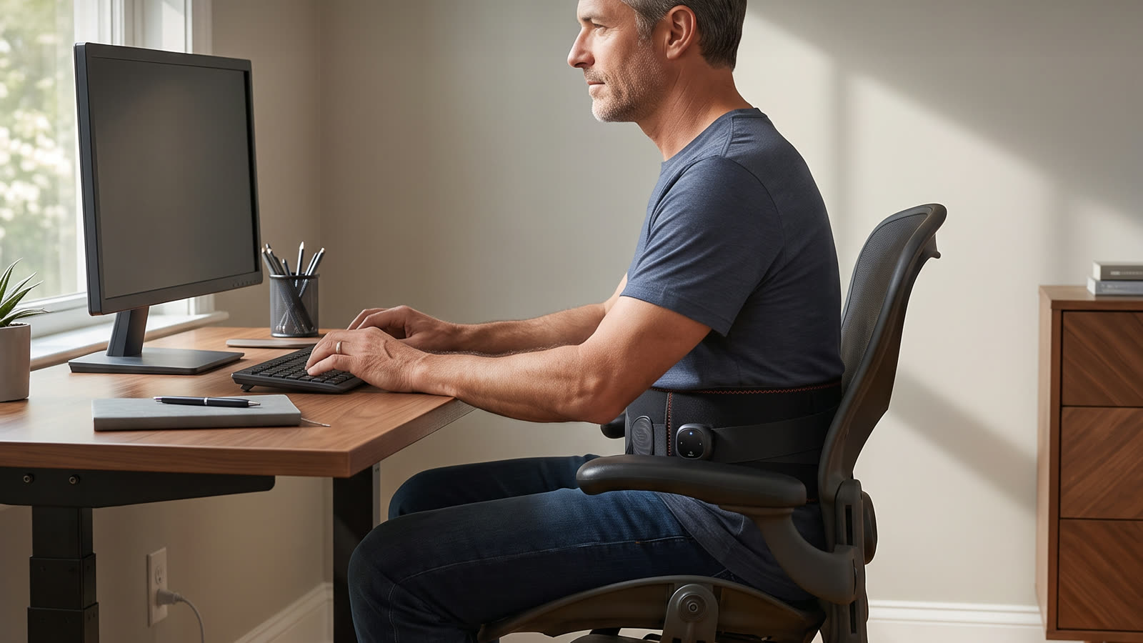 A man at a desk wearing the Unknot Heat Belt under his shirt, both hands on the keyboard, a corded heating pad left on the floor