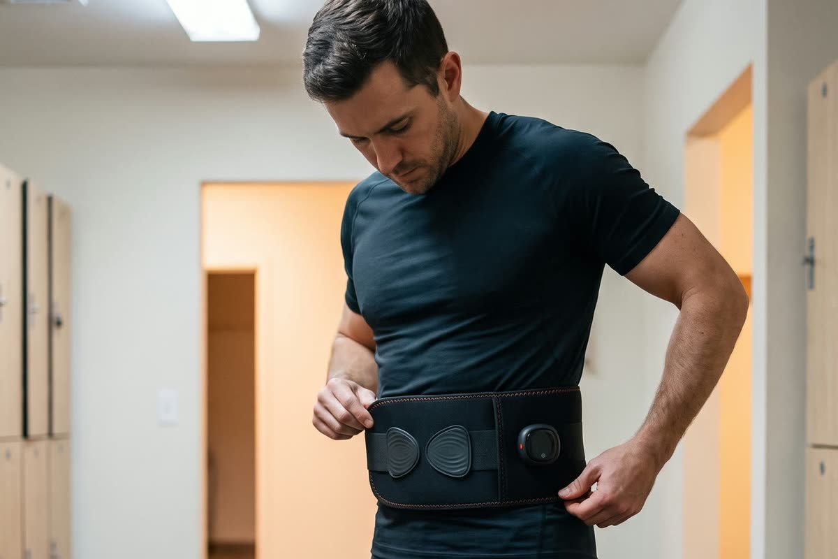 The Unknot Heat Belt being fastened at the waist over a shirt before training