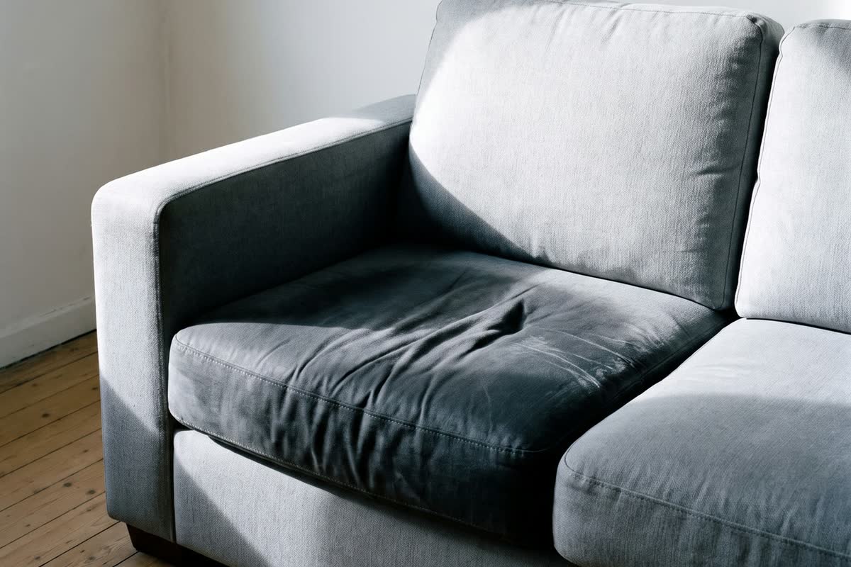 An empty couch in the evening, with a dent left in the seat cushion