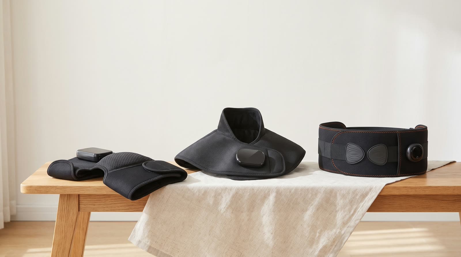 The Unknot Knee Wrap, Neck and Shoulder Wrap and Heat Belt resting on an oak bench in daylight