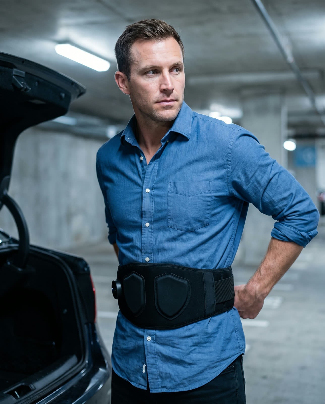 Wearing the belt in the driver's seat before a long drive