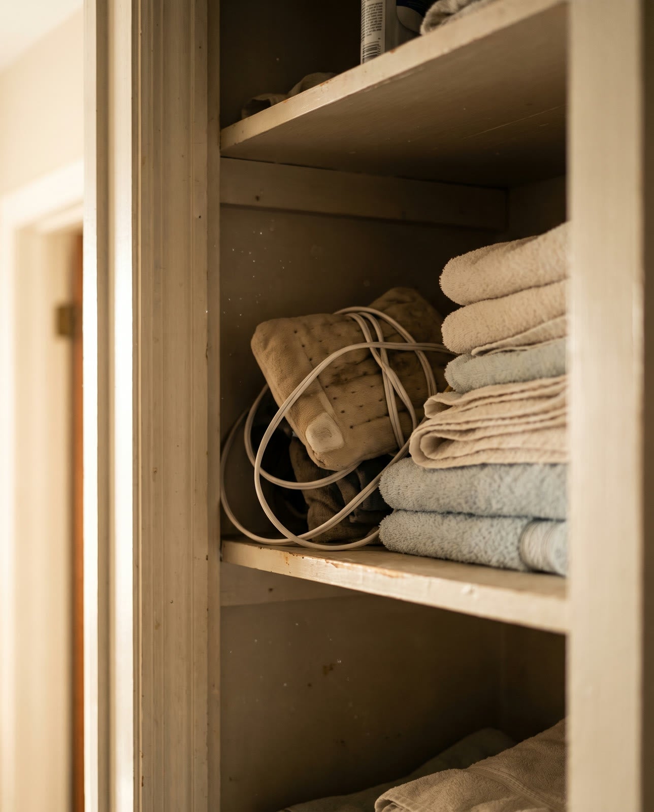 A corded heating pad coiled on a shelf in a closet